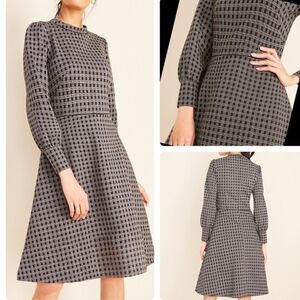 Ann Taylor Flare Dress Plaid Mock Neck Black White Career Preppy Casual